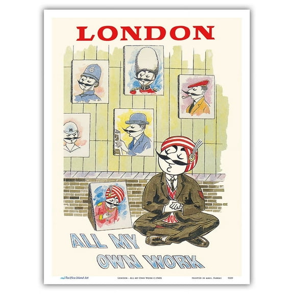 London - All My Own Work - Maharajah Mascot Portraits - Air India - Vintage Airline Travel Poster c.1940s - Master Art Print (Unframed) 9in x 12in