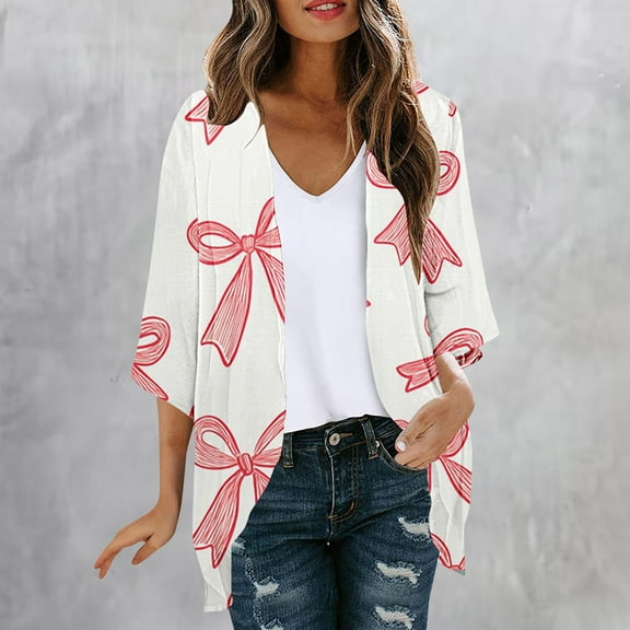 AGWOLF Womens Casual Puff Sleeve Kimonos Cardigans Cute Printed Swimsuit Cover Ups Summer Beach Tops 2025 Lightweight 3/4 Sleeve Chiffon Kimono Cardigan Pink,XXL