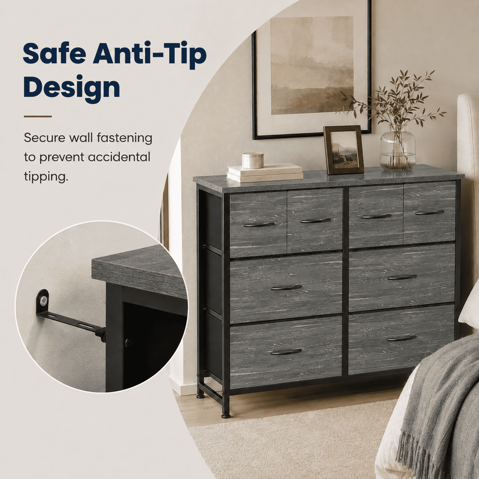 Alvantor Dresser for Bedroom with 8 Drawers, Fabric Dressers Storage Tower with Steel Frame Wood Tabletop, Storage Cabinet, Hallway, Closets