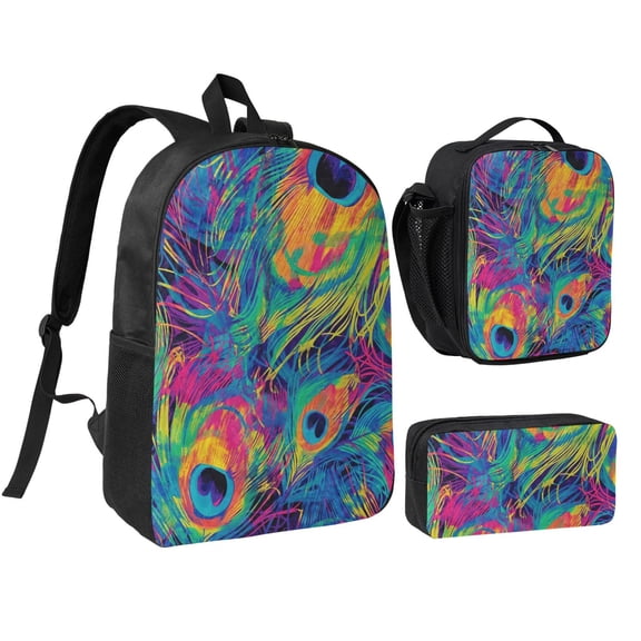 Peacock Feather Vibrant Colorful Backpack Set 3pc ,Backpack with Lunch Bag and Bag 17 Inch