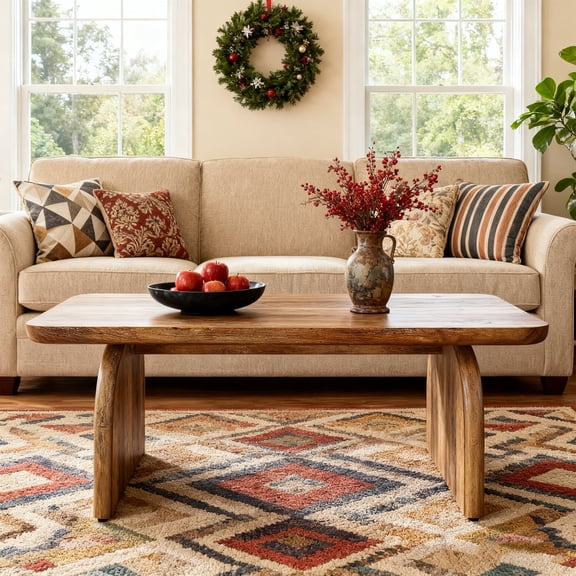 KIOOTTO 47" Rustic Brown Coffee Table with H-Shaped Base, Farmhouse Rectangle Center Table with Rounded Corners, Waterproof & Scratch-Resistant P2 MDF, 47.2"W