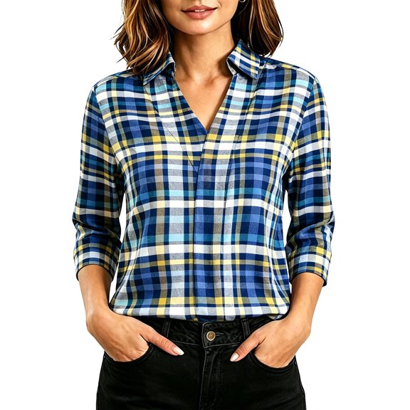 Gytharion Women's Plus Size Plaid Blouses V Neck 3/4 Sleeve Loose Casual Tops Check Pattern Classic Versatile Patterned Shirts for Spring and Fall