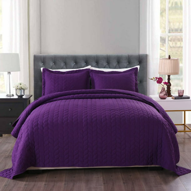 Marcielo 3 Piece Lightweight Bedspread Quilt Set Microfiber Quilt Bedspreads Bed Coverlet Set Prewashed Leaf Purple King Walmart Com Walmart Com