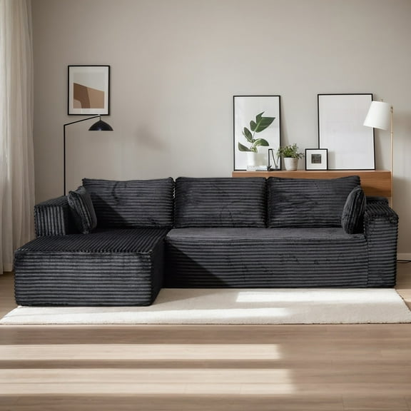 Resenkos Compression Sectional Couch with Chaise, L Shape Sleeper Sofa, Modular Deep Seat for Living Room, Corduroy - Black