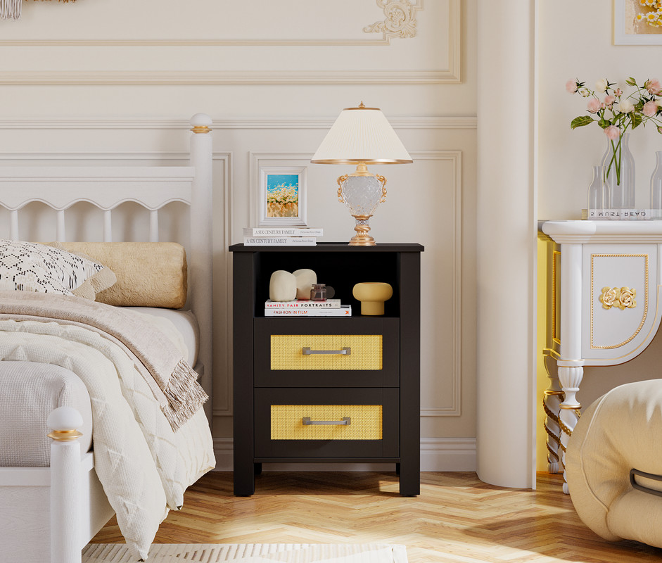 Vineego 1 Piece Rattan Nightstand with Power Outlet, End Table Beside Table with 2 Drawers & 1 Open Shelf for Bedroom Living Room, Black