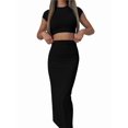 thumbnail image 2 of Women's 2 Piece Sets Short Sleeve Crewneck Cropped Top Bodycon Maxi Skirt Outfit Black S, 2 of 8