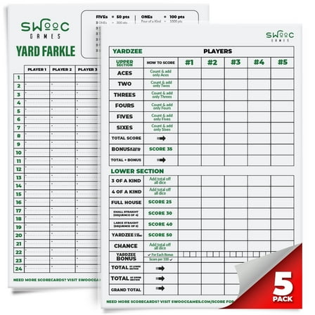 5 Big Premium Laminated Yardzee & Farkle Score Cards (11.5in x 8in)