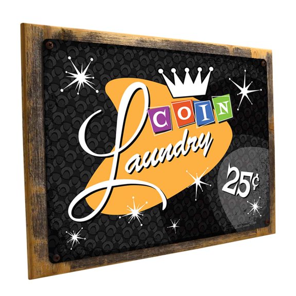 Framed, Outdoor Black Coin Laundry 9"x12" Metal Sign, Wall Decor for Bath or Laundry, Hand-Crafted from reclaimed materials