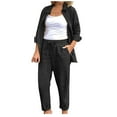 thumbnail image 3 of UVEASISHA Business Casual Outfits for Women 2 Piece Cotton Linen Matching Sets Long Sleeve Lapel Button Down Shirts and Straight Leg Pant Suit Set Black XL, 3 of 7