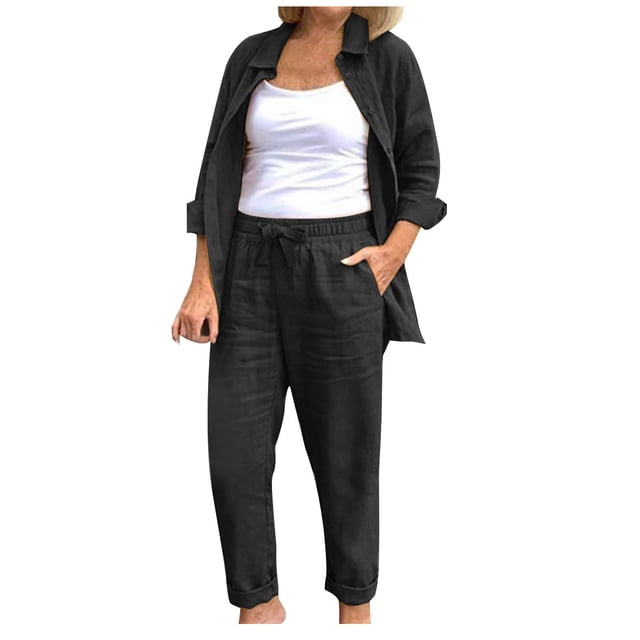 Timegard 2pc Lounge Sets for Women Collared Button down Long Sleeve Tops Drawstring Elastic Waist Tapered Pants with Pockets Sets