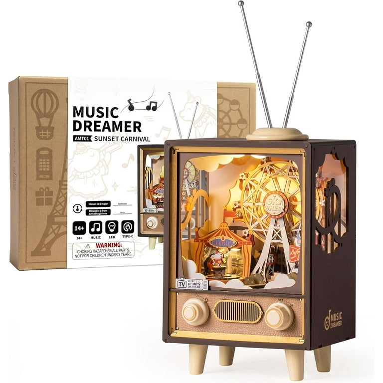 ROBOTIME Sunset Carnival 3D Wooden Puzzle Music Box,DIY Tiny House