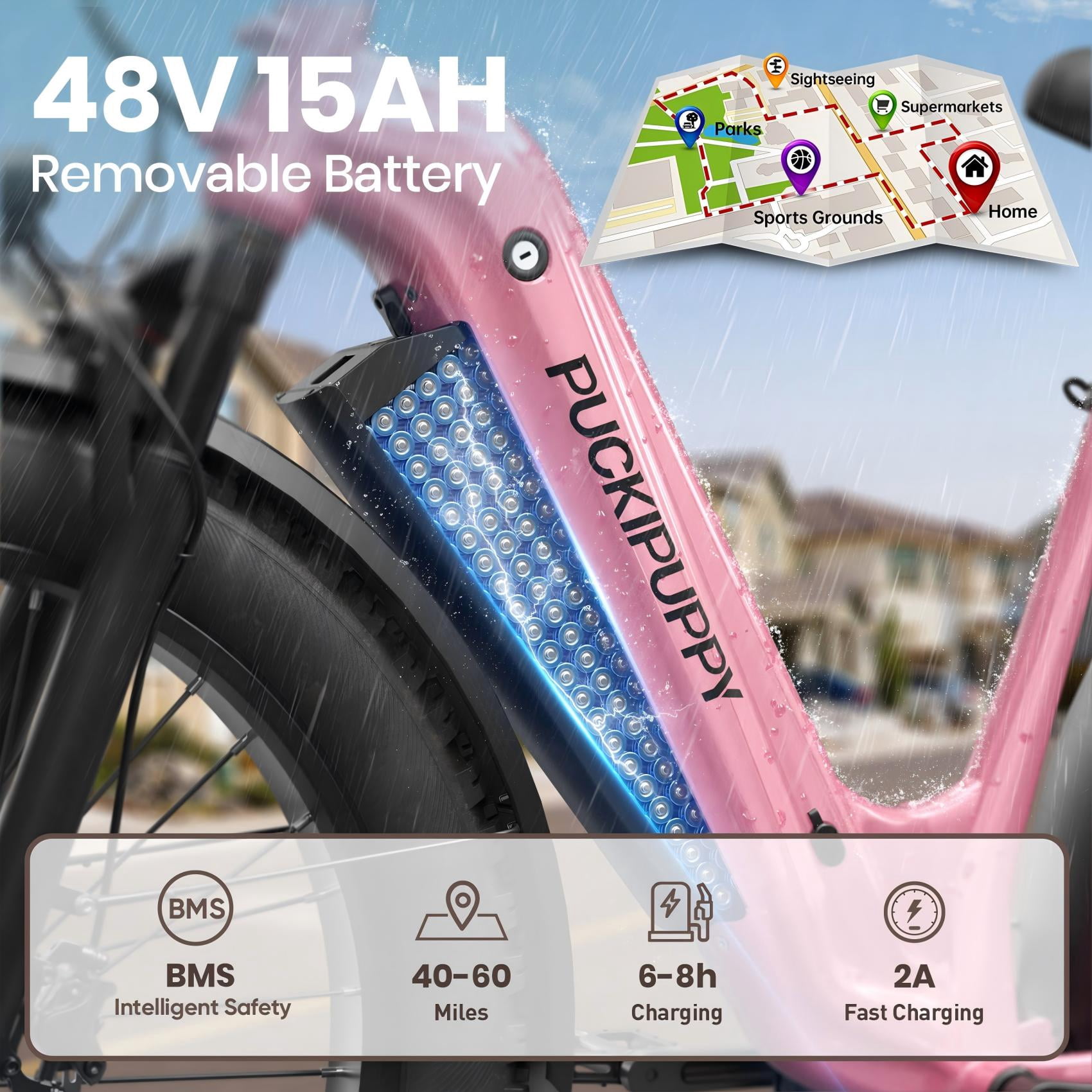 PUCKIPUPPY 26" Electric Bikes for Adults 28 mph Step Through E-Bikes 960W Peak 60Mile Max Range 48V 15AH Battery Fat Tire off Road Mountain E Bike Front Suspension (Pink), Comply with UL2849 by SGS