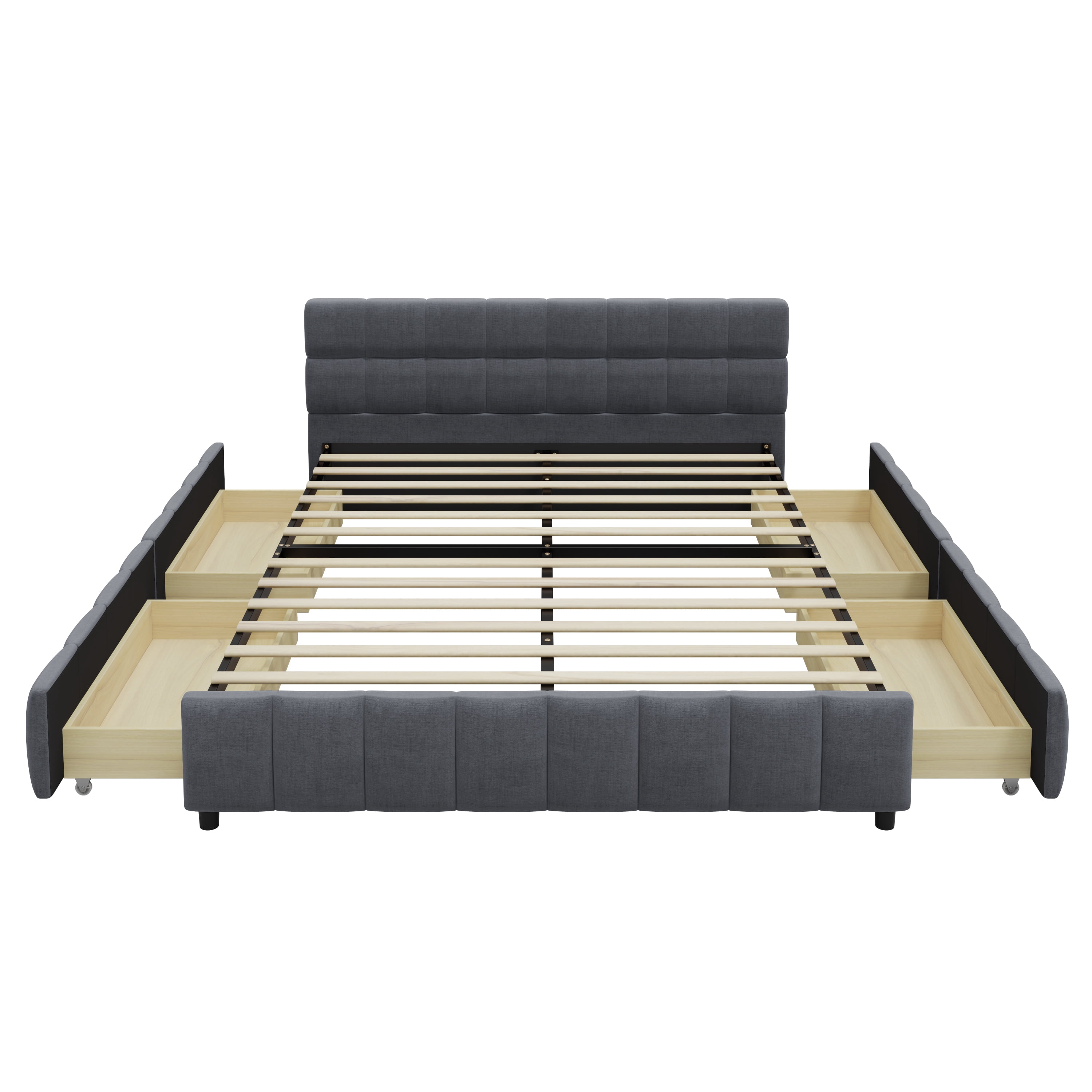 GARITIN Queen Upholstered Platform Bed Frame 86.6 Inch, Bed Frame with 4 Storage Drawers and Block Grid Tufted Headboard, Gray