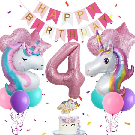 4th Unicorn Birthday Decorations for Girls, 4 year old Girl Party Supplies with Happy Birthday Banner, Cake Topper, Unicorn Balloons