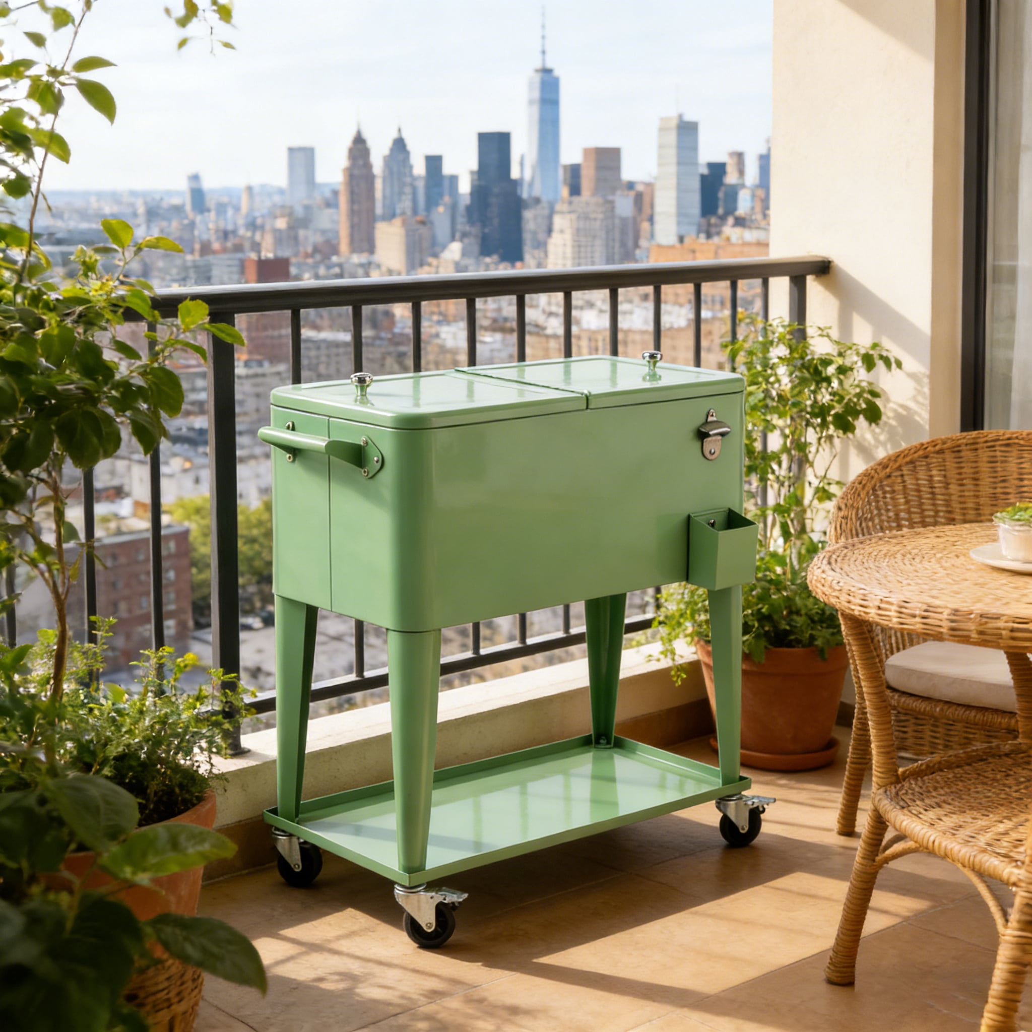 BAYUELSWU 80 Quart Patio Cooler Rolling Cooler Ice Chest with Wheels, Cooler Carts Square with Shelf & Bottle Opener Portable for Outdoor Indoor Patio Party Camping Patio (Green)
