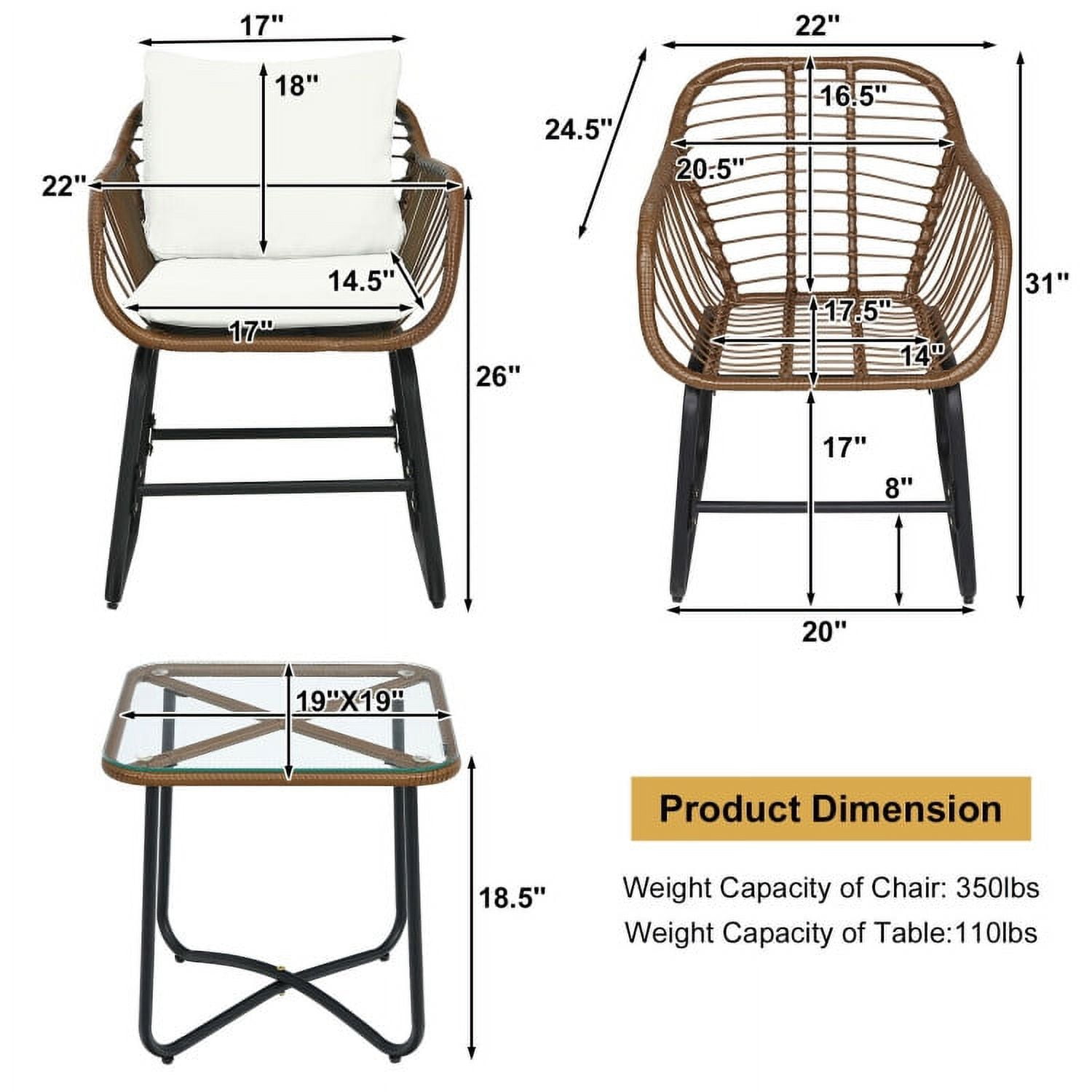 Aimee Lii 3 Pieces Patio Rattan Bistro Set Cushioned Chair Glass Table Deck, Outdoor Patio Furniture, White Aimee Lii 3 Pieces Patio Rattan Bistro Set Cushioned Chair Glass Table Deck, Outdoor Patio Furniture, White