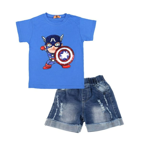 New Boy Set manga corta LED Flash McQueen dibujos animados verano algodón niños ropa niños traje ropa Capitán América Spiderman110 (3T-4T) Gao Jinjia LED