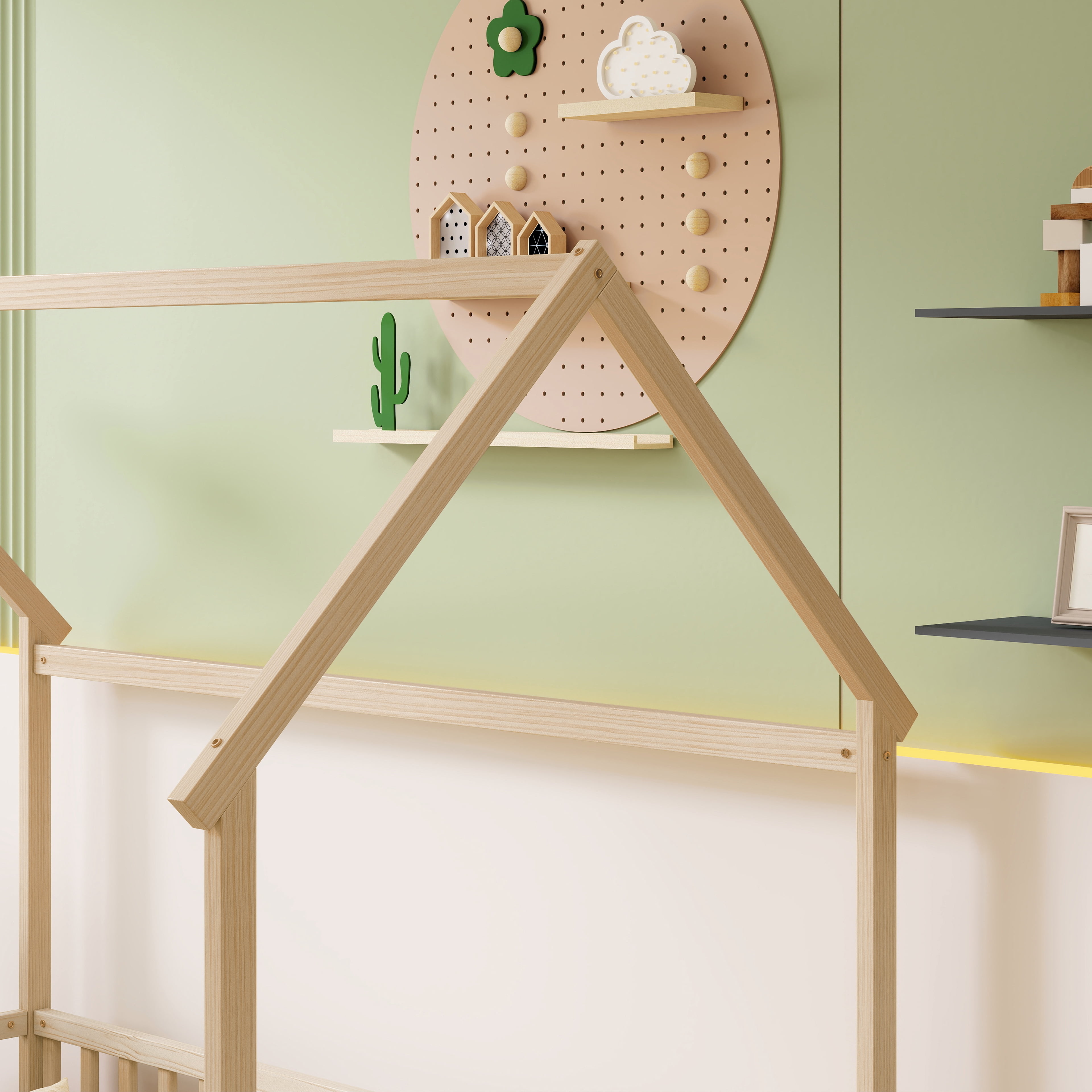 Natural Twin House Floor Bed with Full Safety Fence, Solid Pine Montessori Kids Playhouse Bed Frame No Box Spring Needed Max 250 LBS for Toddler Nursery Bedroom