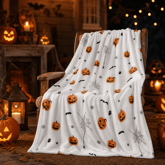 Rixvaxt Halloween Blanket, Soft Flannel Throw Blanket with Pumpkin, Bat & Spider Web Print, Cozy Halloween Blanket for Couch, Sofa, Bed, Home Decor, Fall Gifts, Kids & Adults, 50" x 60"