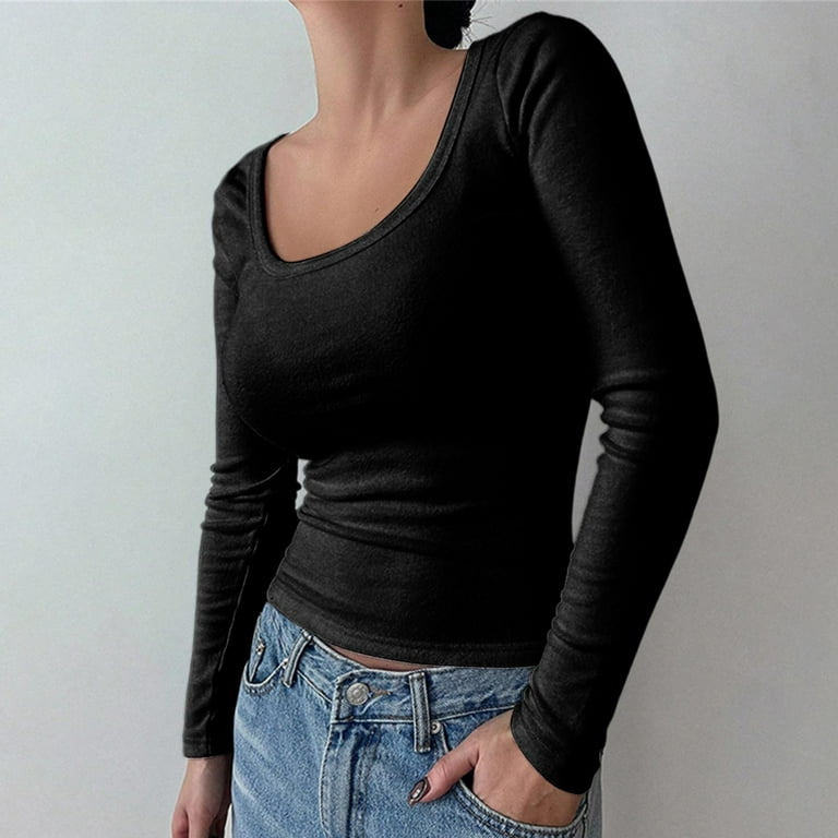 Pxiakgy t shirts for women Women's Solid Color U Neck Long