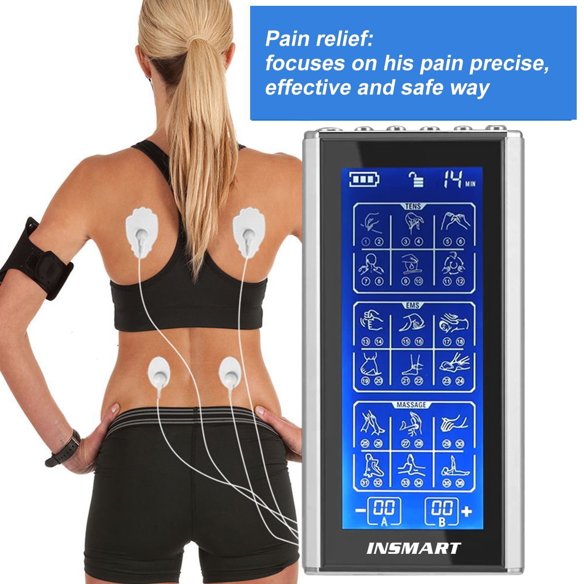 INSMART 3-in-1 TENS Unit Rechargeable Muscle Stimulator EMS Dual Channel with 10 Reusable Electrode Pads 36 Modes for Back Neck Pain Muscle Therapy Pain Management Pulse Massager