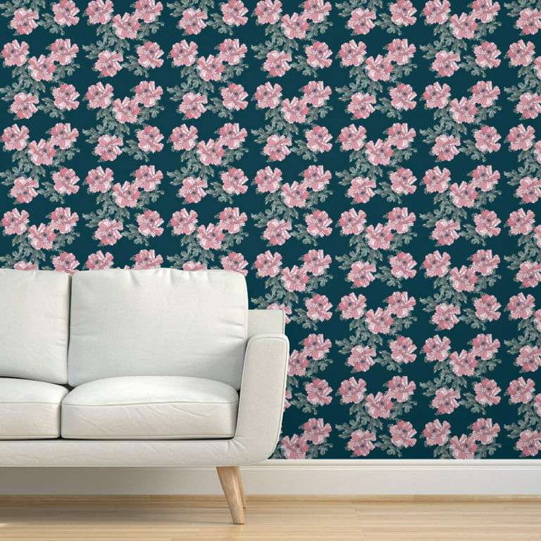 Peel & Stick Wallpaper 12ft x 2ft - Sweet Peony Emerald Peonies Floral Modern  Country Deep Green Pink Botanical Dusty Custom Removable Wallpaper by  Spoonflower 