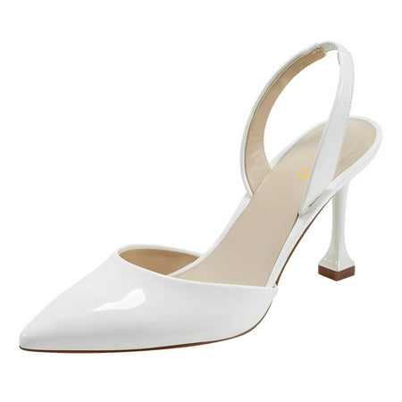 XYD Women s Closed Pointy Toe Slingback High Heel Pumps Slip-on Back Elastic Strap Office Formal Dress Shoes Size 4.5 White
