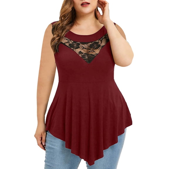 Fesfesfes Plus Size Tops for Women Mesh Lace Splicing Round Neck Sleeveless Tops Elegant Solid Color Tees Tops Casual Tunic Loose Irregular Hem Blouse Tops