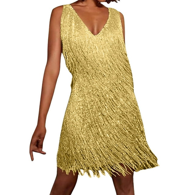 2025 Robe à Franges Ocre Disco Décontractée Robes Maxi pour Femmes Robe Années 70 Robe de Plage Années 1920 pour Femmes Mini