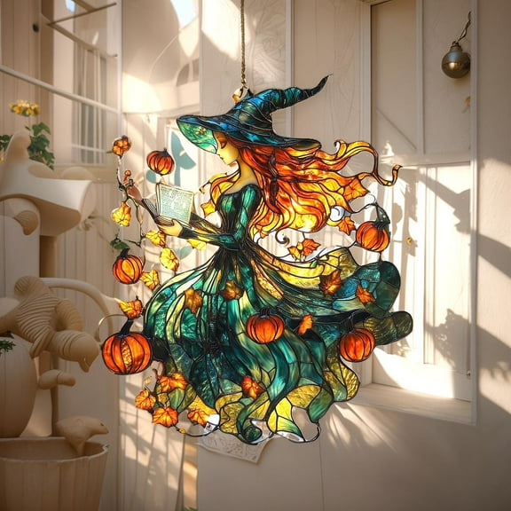 Pumpkin Witch Wavy Acrylic Suncatcher, Faux Wavy Acrylic Halloween Window Hanging, Fantasy Autumn Decor Gift For Her Or Book Lovers