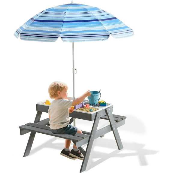 Toddler Outdoor Wooden Picnic Table, 4-in-1 Sand & Water Table with 3 Bins, Removable Tabletop and Umbrella, Children Backyard Furniture for Patio Garden