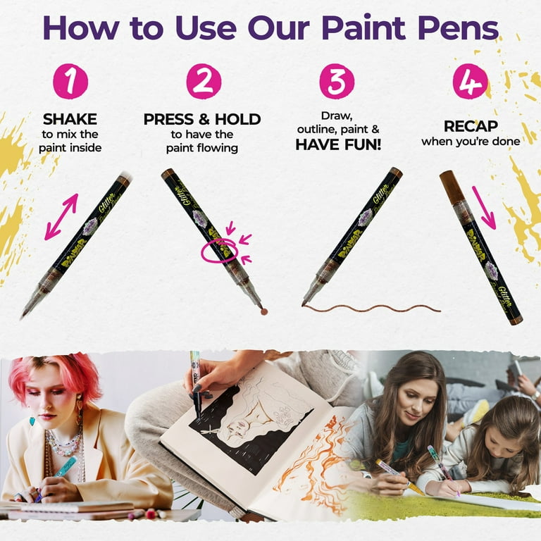 PINTAR Glitter Pens for Adults and Kids - Glitter Stylus Pens Fine Point -  Fine Tip Paint Pens - Acrylic Glitter Markers - Acrylic Paint Pens for Rock  Painting,Wood,Glass,Leather,Shoes - Pack of