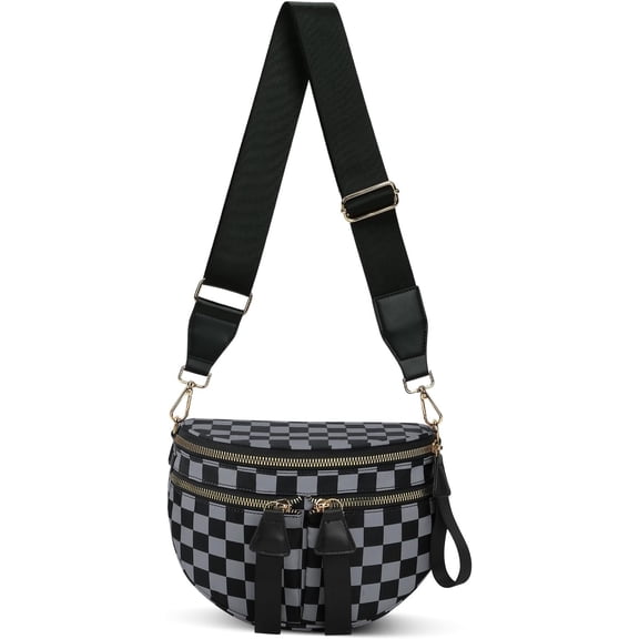 Bum Bag Checkered Crossbody Bags for Women Nylon Double Pockets Checkerboard Fanny Pack Fashion Sling Bag