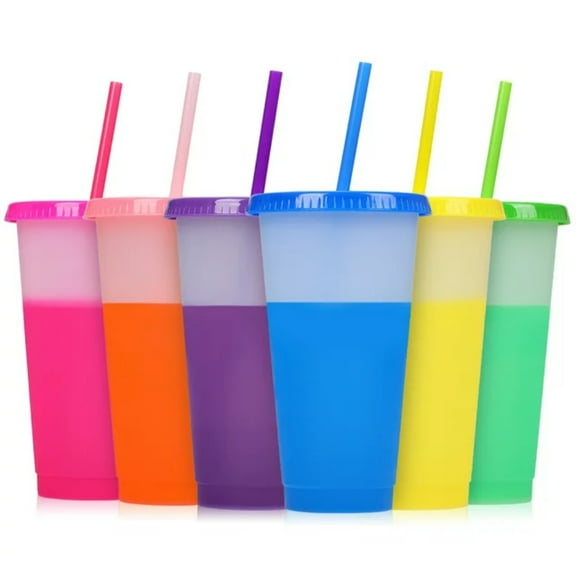 24oz Reusable Color Change Cups 6 Pack - Cold Drink Plastic Tumblers with Lids and Straws for Adults Kids Party (Gift set)
