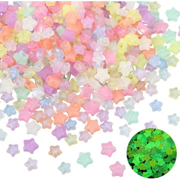 400Pcs Glow in The Dark Star Bead Colorful Pentagram Beads Bulk Acrylic Luminous Glitter Stars Shaped Loose Spacer Pony Small Charms for Jewelry Making Necklaces Bracelets DIY Crafts Mixed Color