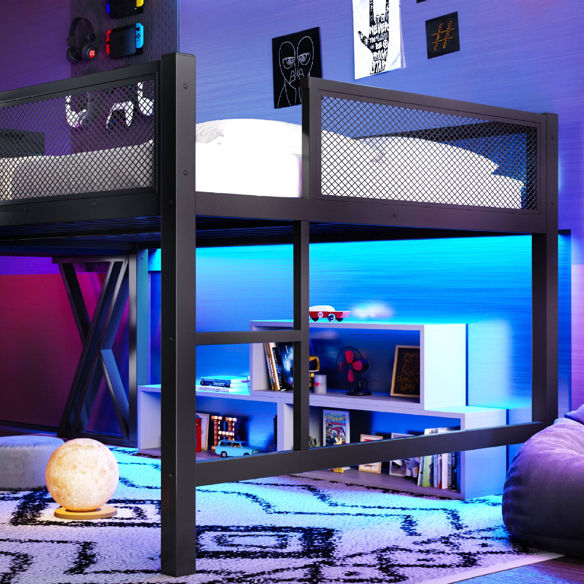 Leumius Full Size Loft Bed with Gaming Desk,Metal Loft Bed Frame with Full Length Guardrail,LED Lights and USB Ports,Space-Saving,Black