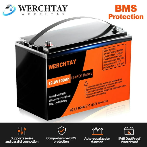 WERCHTAY 12V 100Ah Lithium LiFePO4 Battery 1280Wh 4000-15000 Cycles  for RV Marine Solar Off-grid Backup Power