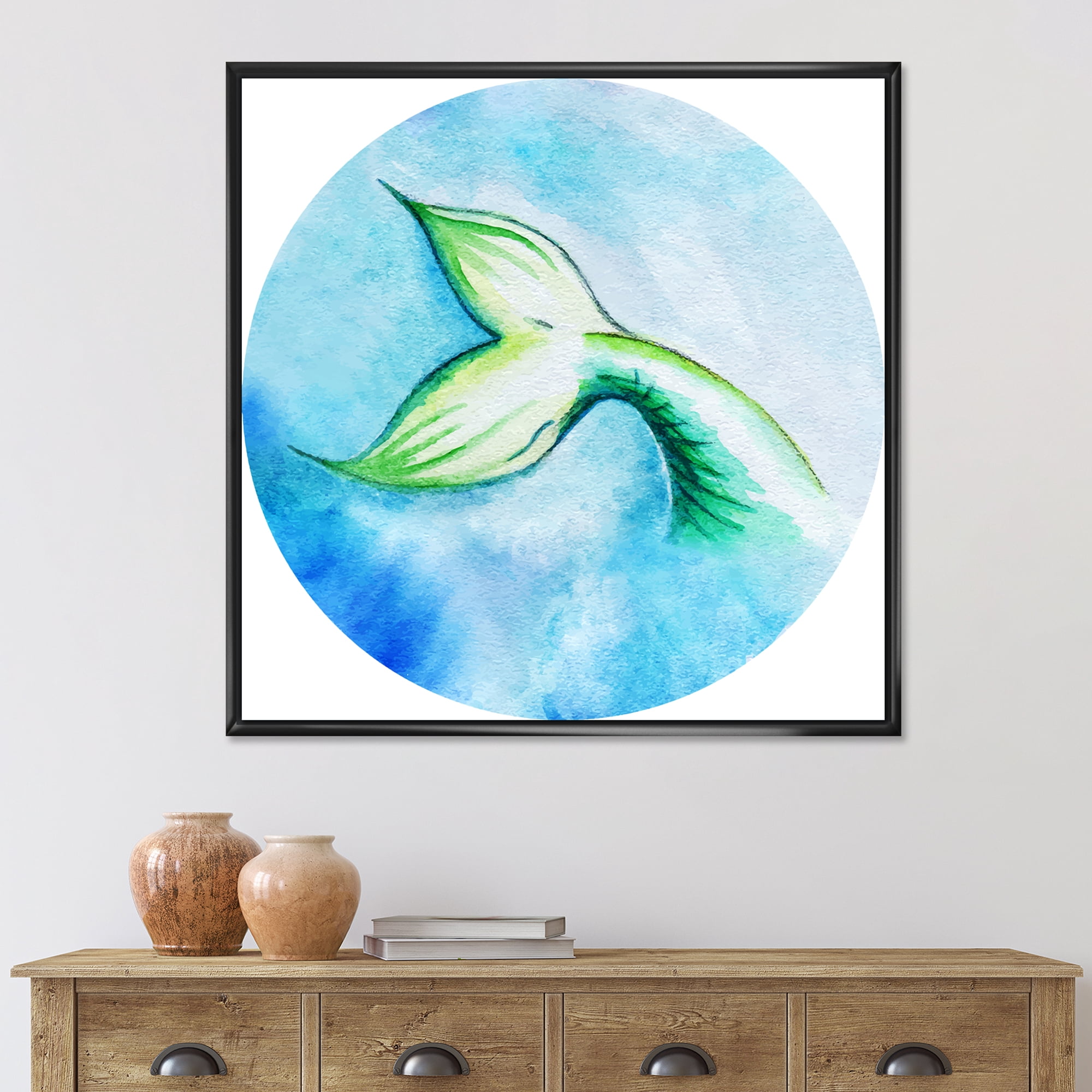 Designart 'Mermaid Green Fish Tail' Nautical & Coastal Framed Canvas Wall Art Print