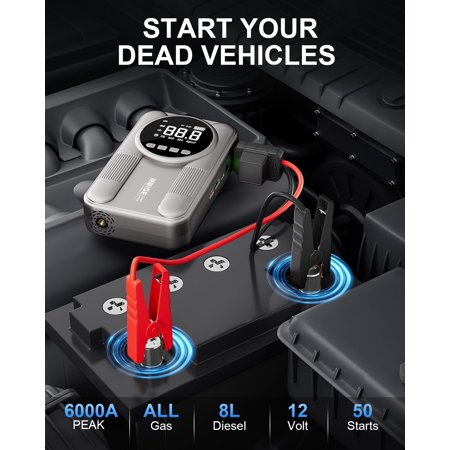 6000A Jump Starter with Air Compressor, 160PSI Jump Box Battery Pack with Digital Tire Inflator,12V Booster Pack with Large LCD Display, Emergency Light