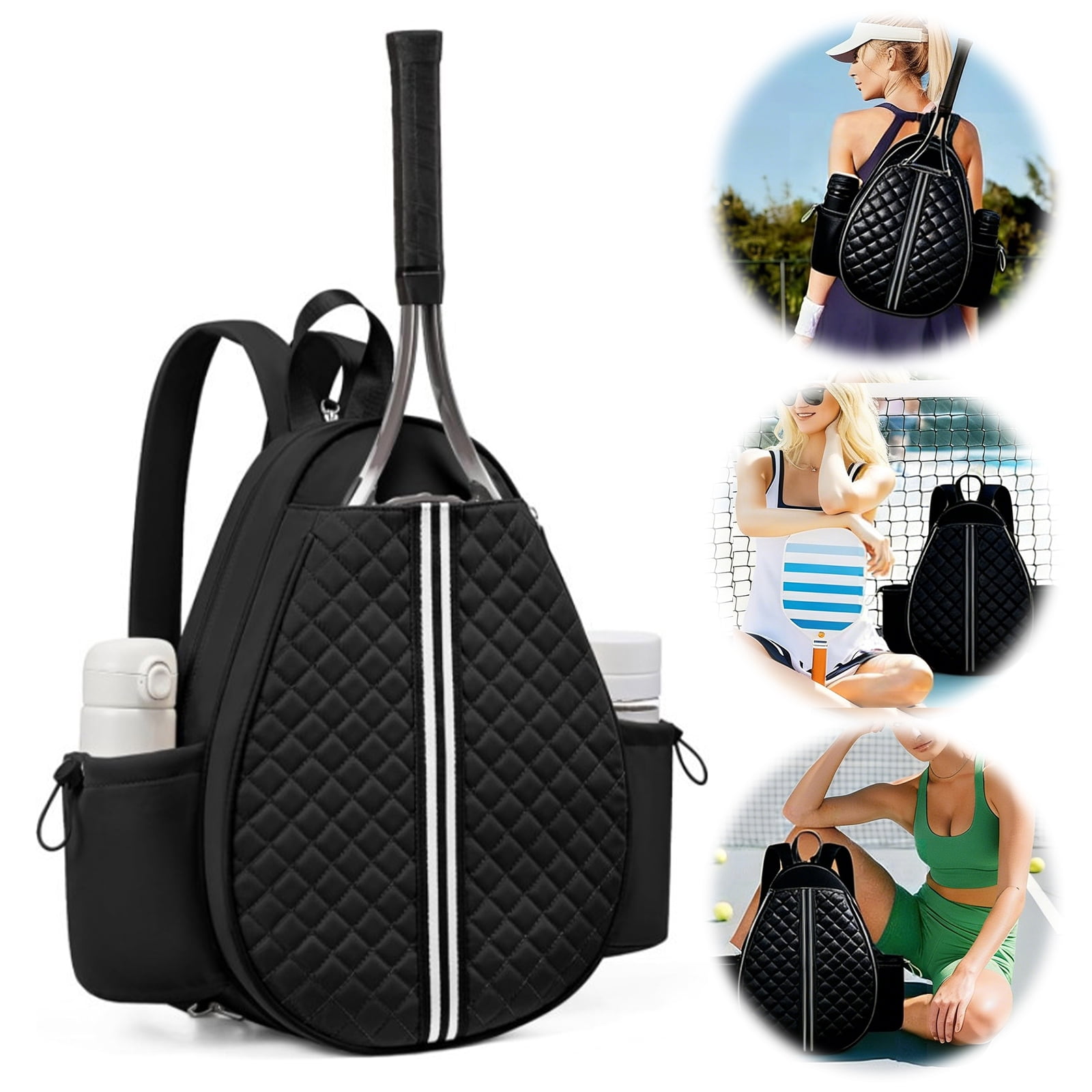Yucurem Tennis Bag with Bottle Pockets, Quilted Tennis Sling Crossbody Backpack, Sport Storage Bag Suitable for Pickleball Badminton