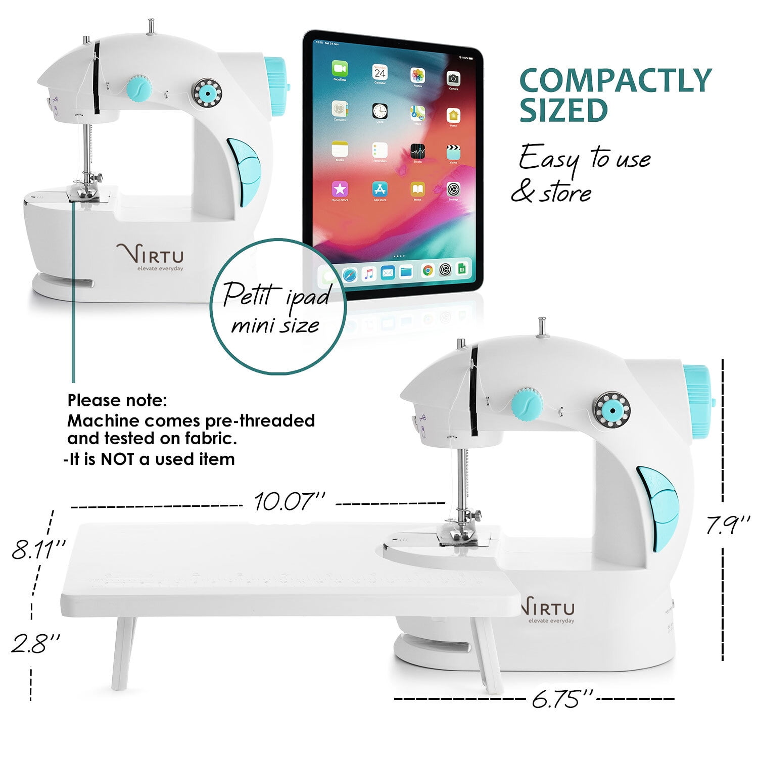 Virtu 122 PC Mini Portable Sewing Machine for Beginner, Kids Sewing Machine and Adults Craft Supplies, Baby Blue