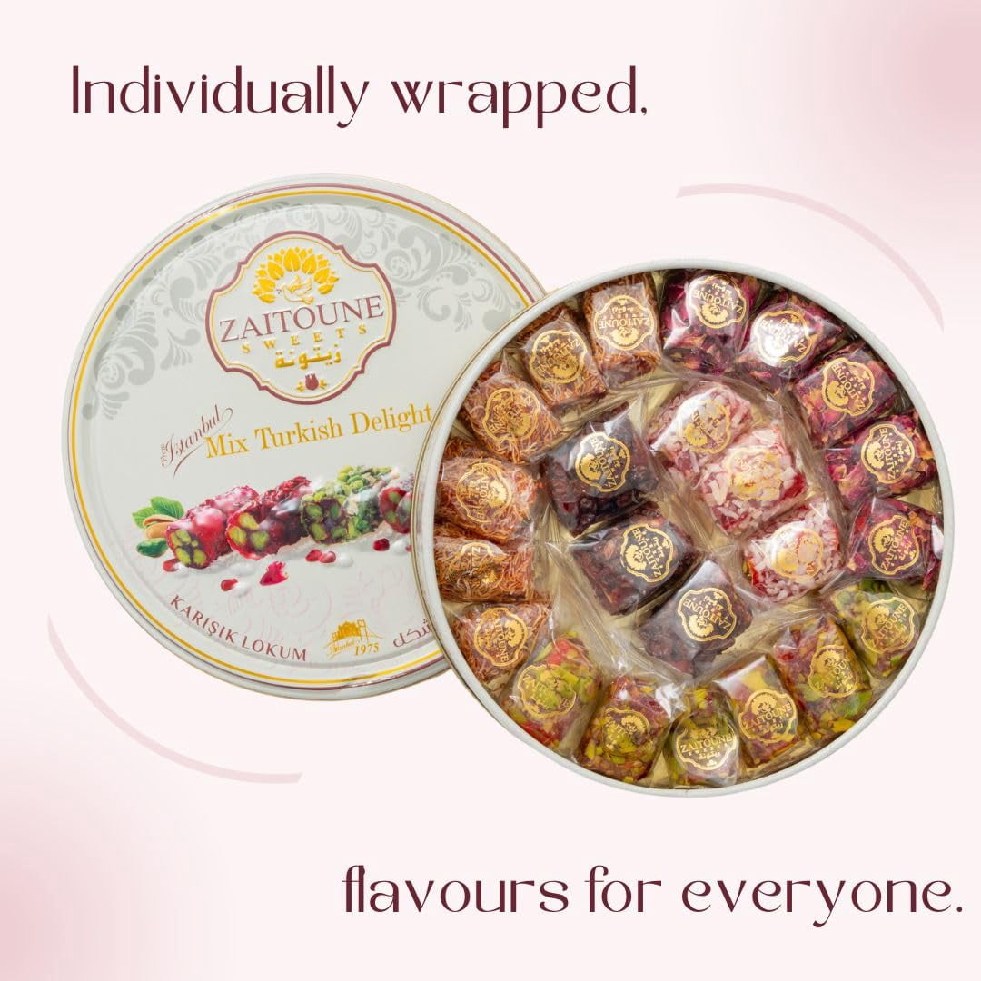 Zaitoune Turkish Delight Mix (Lokum), Pomegranate, Pistachio, Kataifi, Rose & Coconut, Individually Wrapped, 250g