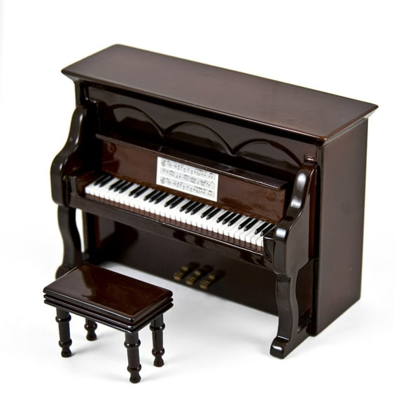 Miniature 18 Note Musical Hi-Gloss Brown Upright Piano with Bench - Ave Maria, de Lourdes