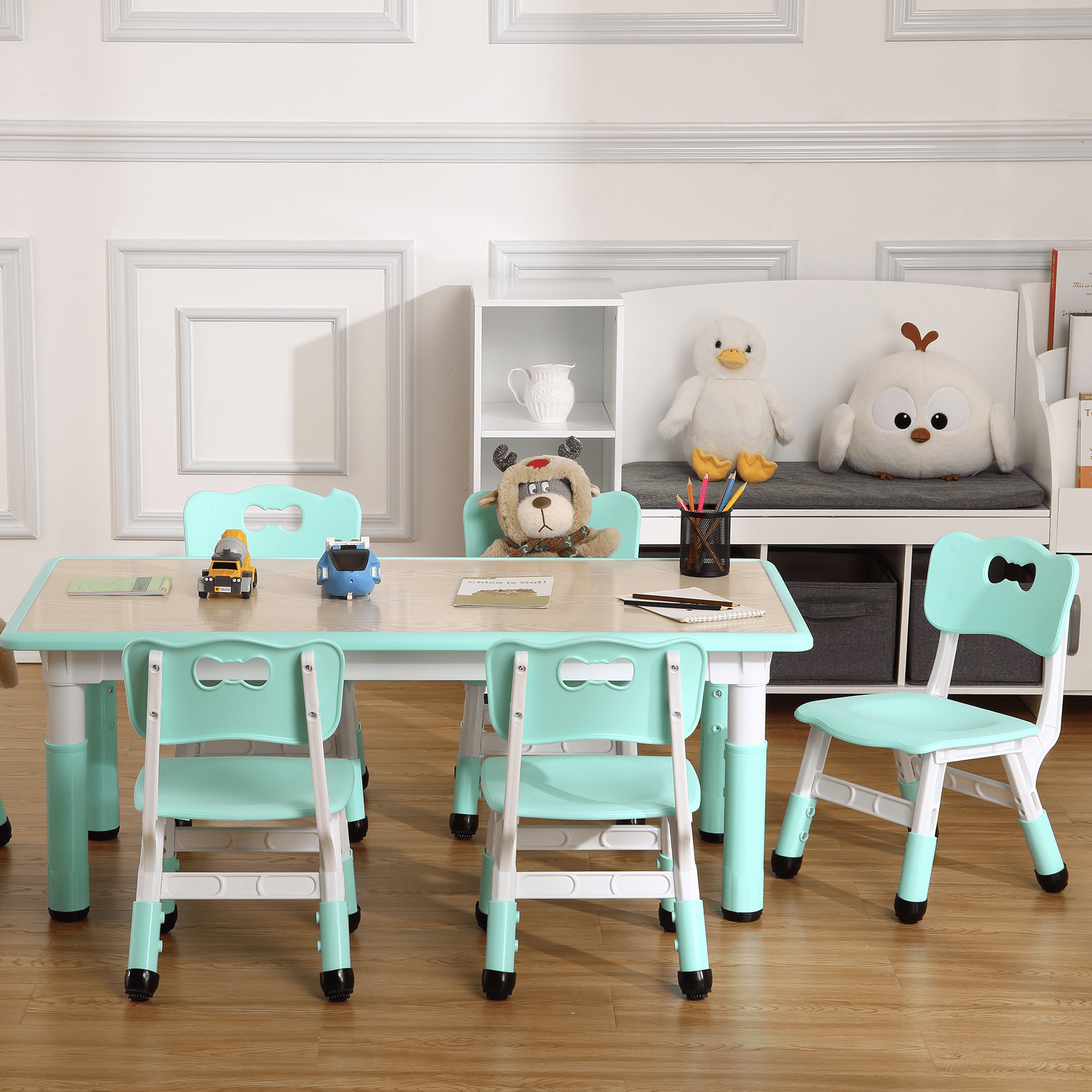 Adjustable Height Kids Table and 6 Chairs Set - Graffiti-Resistant Multi-Activity Desktop - Non-Slip Legs - Preschool & Study Table for Home, Study Room, Daycare - For Ages 2-10 - Lake Blue