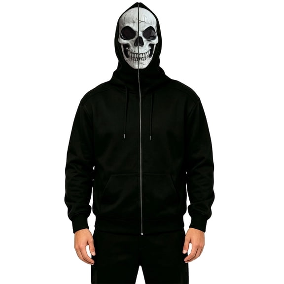 XIAOCHA Mens Halloween Hooded Sweatshirt Skull Face Mask Graphic Hoodies Sweatshirt, Black, Sizes M