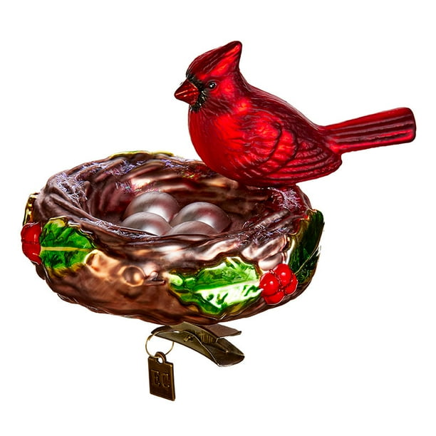 Red Cardinal Bird on Nest Clip On Christmas Glass Ornament Eric Cortina