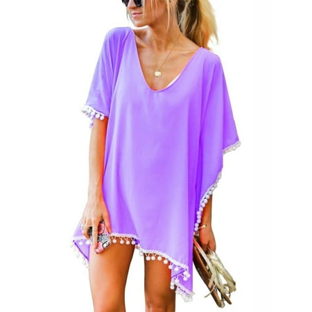Pink Bathing Suit - SAYFUT Women Chiffon Tassel Swimsuit Cover up Beach Bikini Stylish Pompom Tassel Trim Bathing Suit Swimwear Cover ups