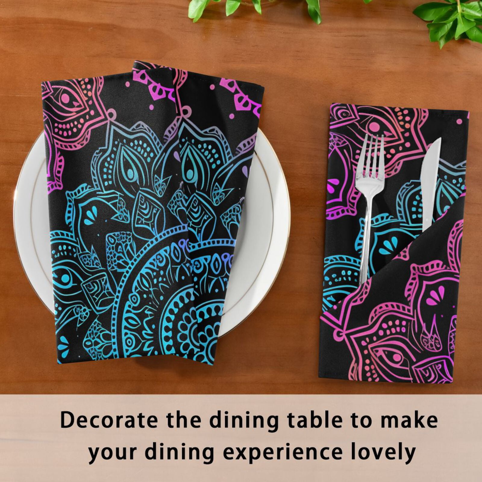 JSTEL Rainbow Mandala Flower Boho Cloth Napkins Set of 6, 20x20 Inch Washable and Reusable Napkin for Decoupage Dinner Party Everyday Use