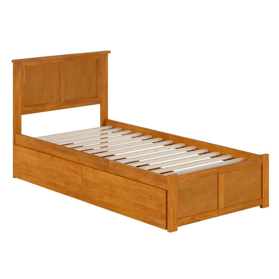 Madison Twin XL Wood Platform Bed with Footboard and Drawers in Light Toffee