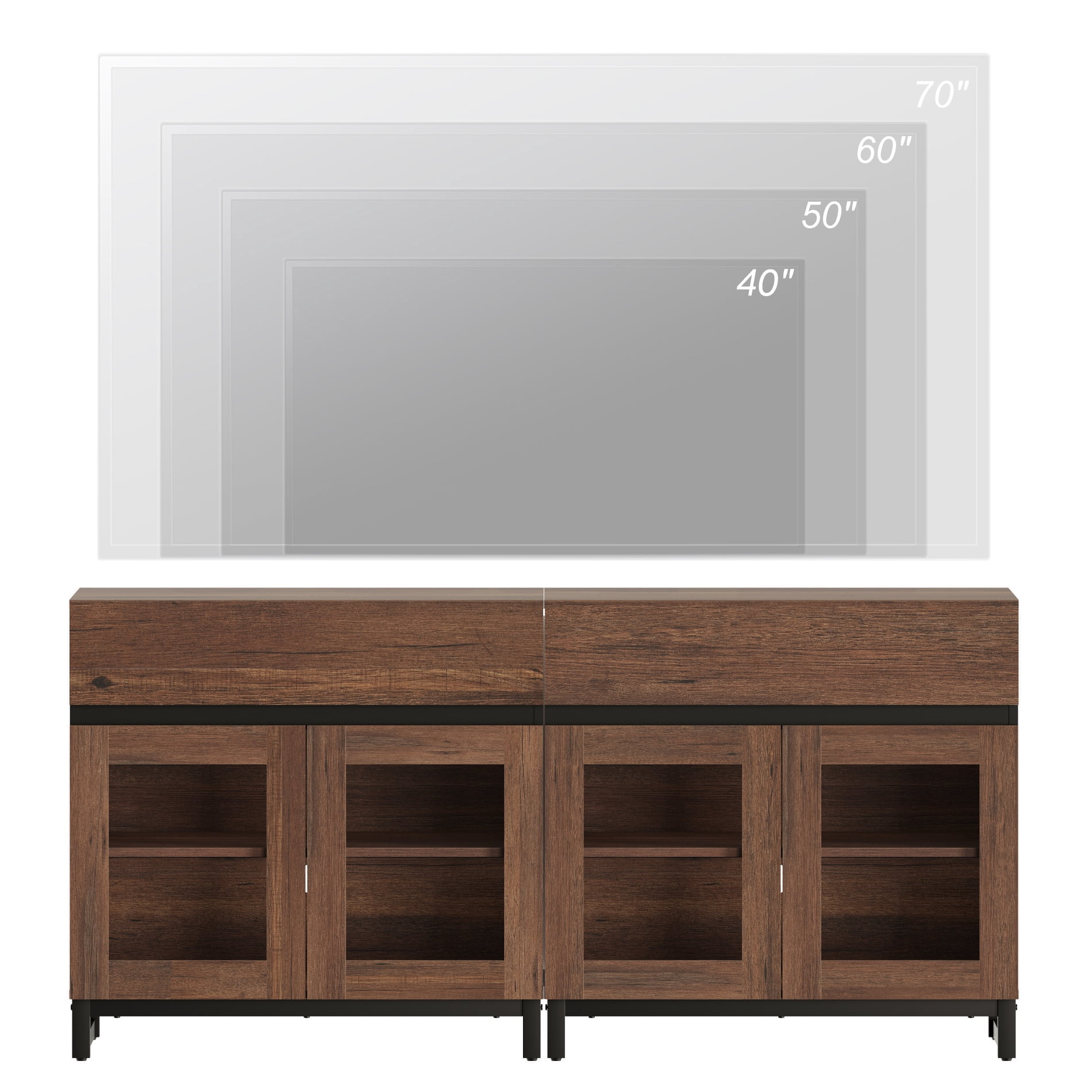 WAMPAT 2-in-1 Modern TV Stand with Glass Doors & 2 Drawers, Metal Base Entertainment Center for 70 Inch TVs, Media Console for Living Room & Bedroom
